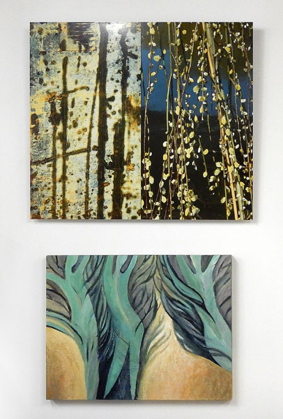 diptych of a used concrete form together withpussy willow catkins